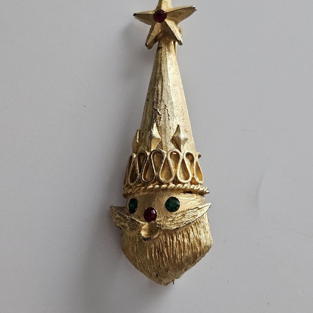Christmas Santa Face Red Green Rhinestones MYLU Vintage Gold Brooch